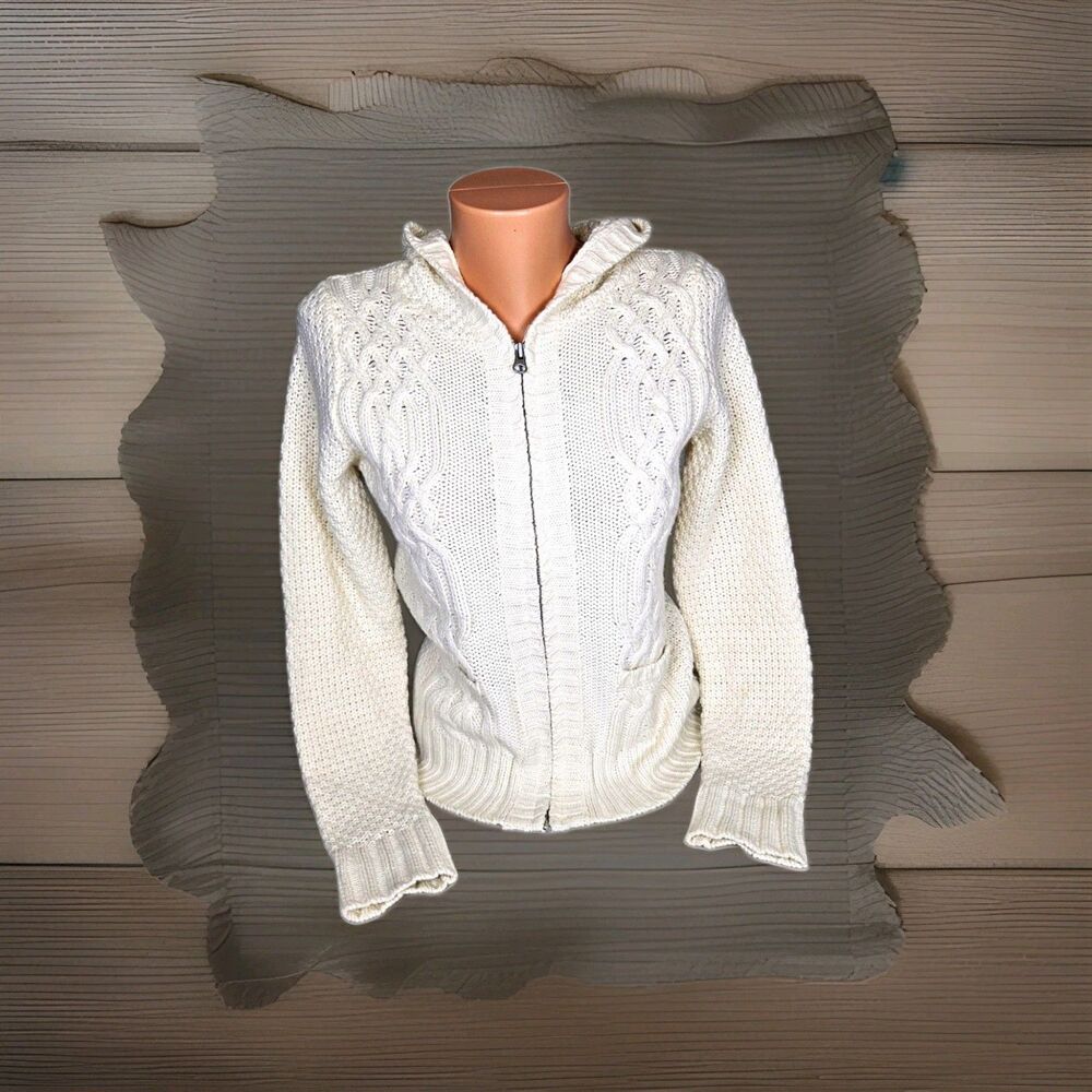 VTG Old Navy Y2K Chunky Cable Knit Hooded Sweater Sz S Jacket Ivory Angora Wool